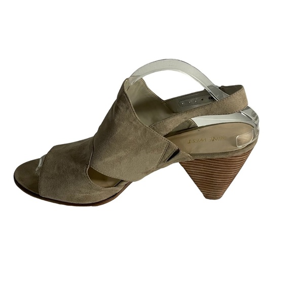 Nine West Rockall Tan Taupe Faux Suede Open Toe Slingback Cone Heel Shoe Sz 11M - Picture 5 of 10